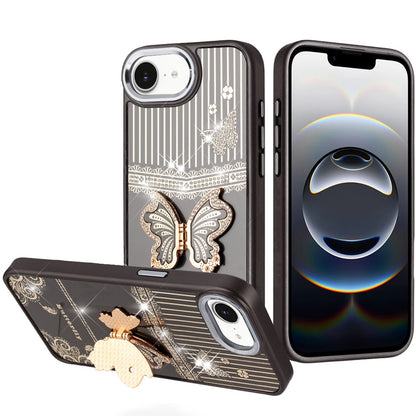 For Apple iPhone 17E /16E Glitter 3D Butterfly Design Bling Metallic Edge Hybrid Stand Drop Protection TPU Shockproof Case Cover
