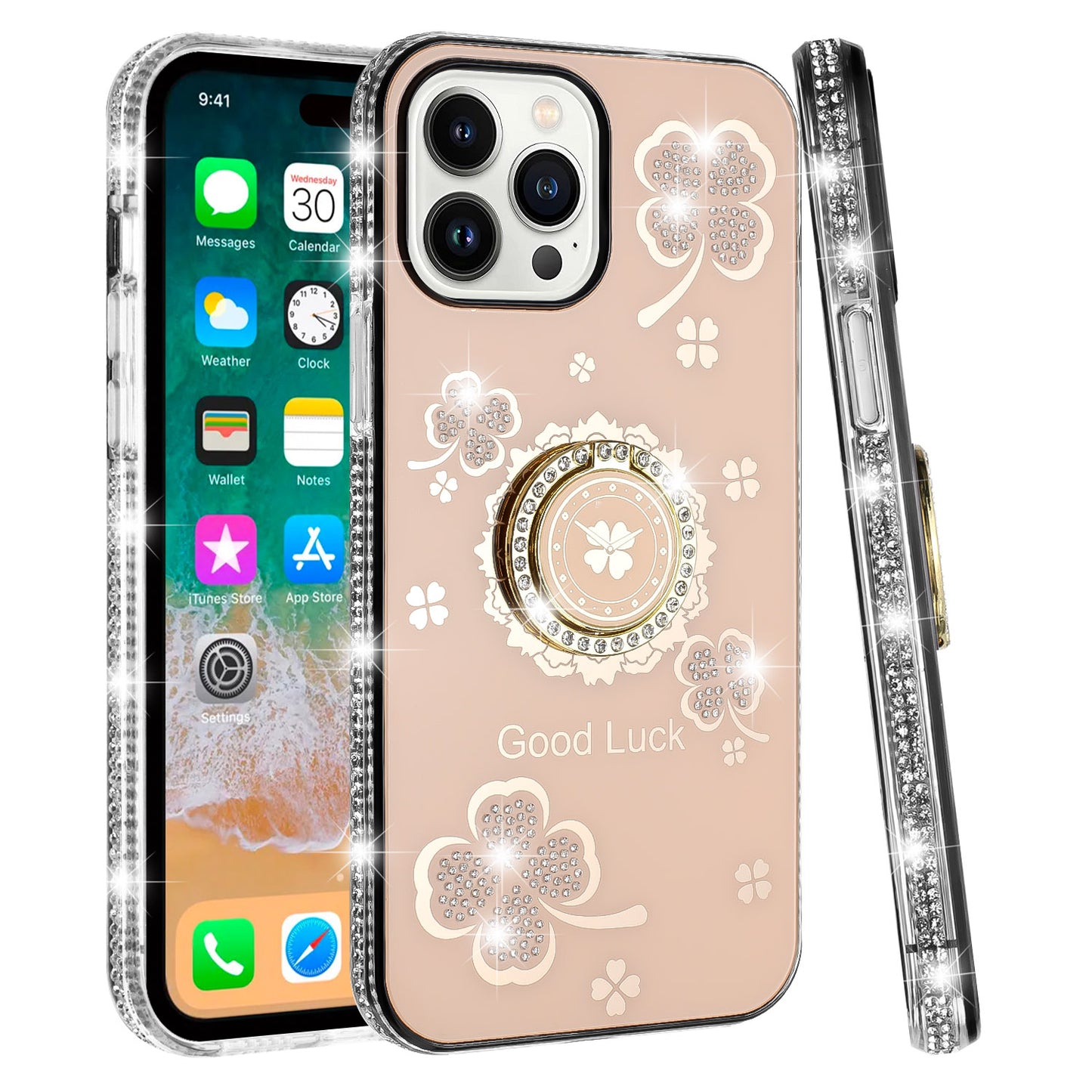 For Apple iPhone 16 Plus (6.7") Diamonds Bling All Around Edges Sparkly Glitter Hybrid with Ring Stand Holder Fashion Good Luck Case Cover