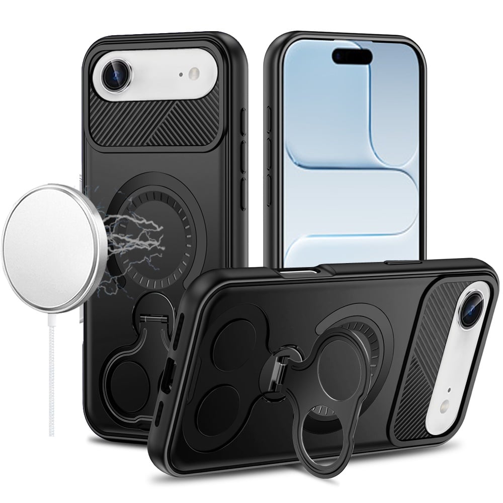 For Apple iPhone 17 Air (6.6") Hybrid with Invisible 2 Hole Ring Stand Magnetic back Car Mount Friendly Protector Case Cover Black