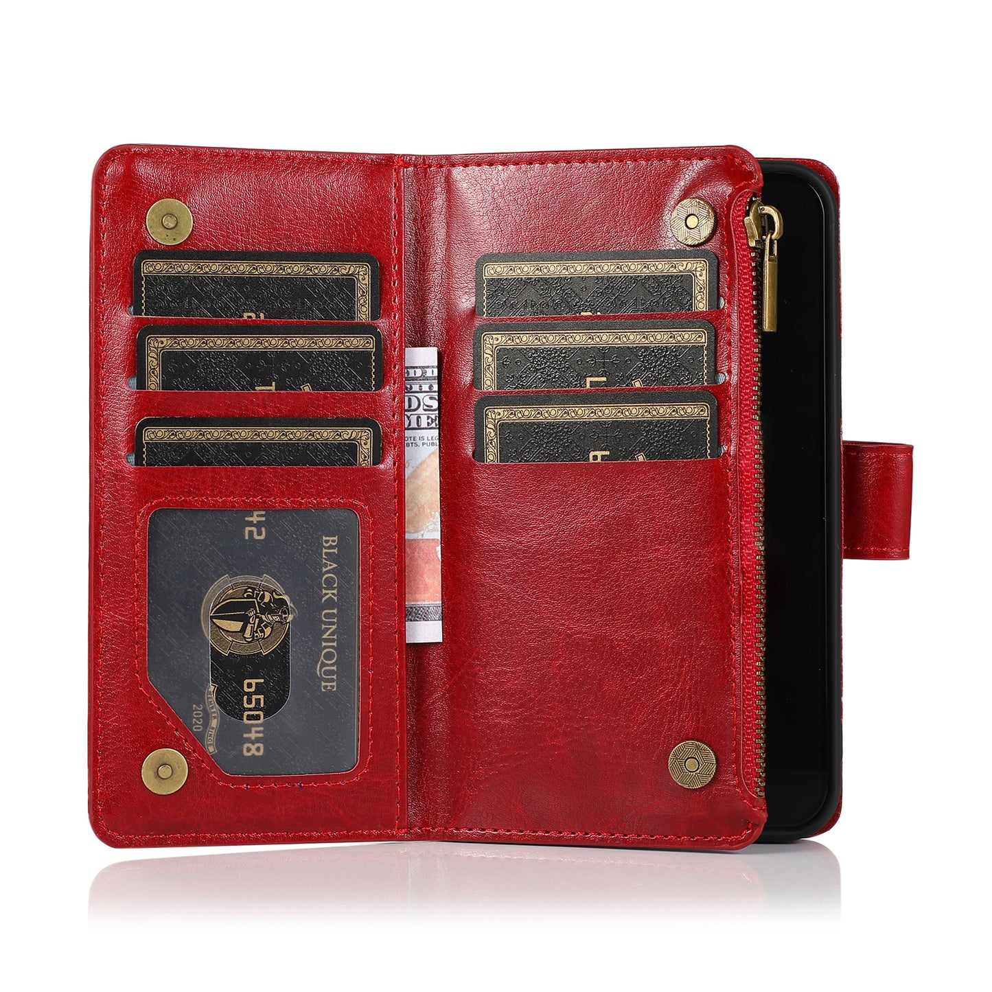 For Apple iPhone 16 Pro Max (6.9") Leather Zipper Wallet Case 9 Credit Card Slots Cash Money Pocket Clutch Pouch Stand & Strap Case Cover Red
