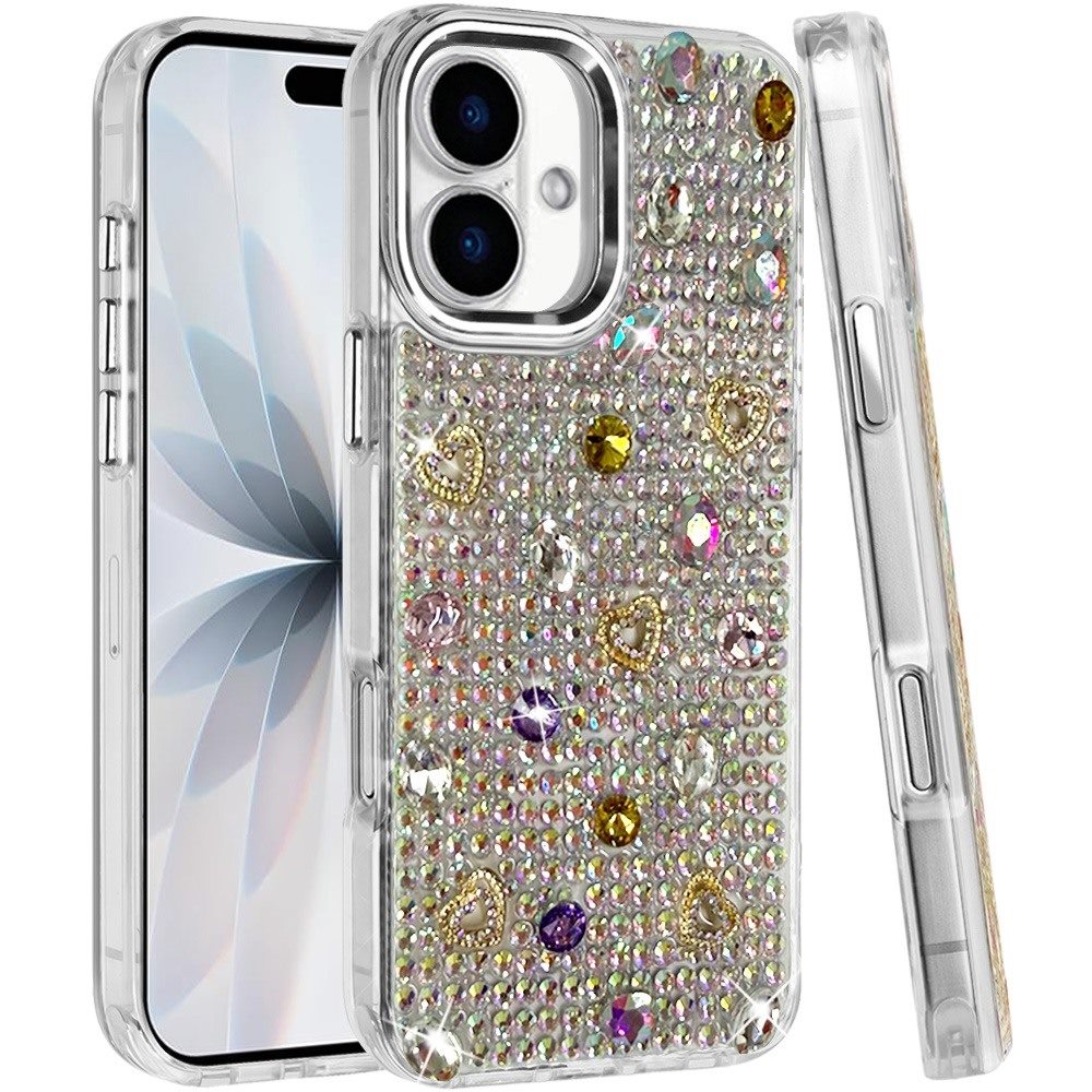 Phone Case for Apple iPhone 18 Chrome Fashion Hybrid Bling Diamond Heart Rhinestone Decorative Stones Sparkling Embellished Design Cover
