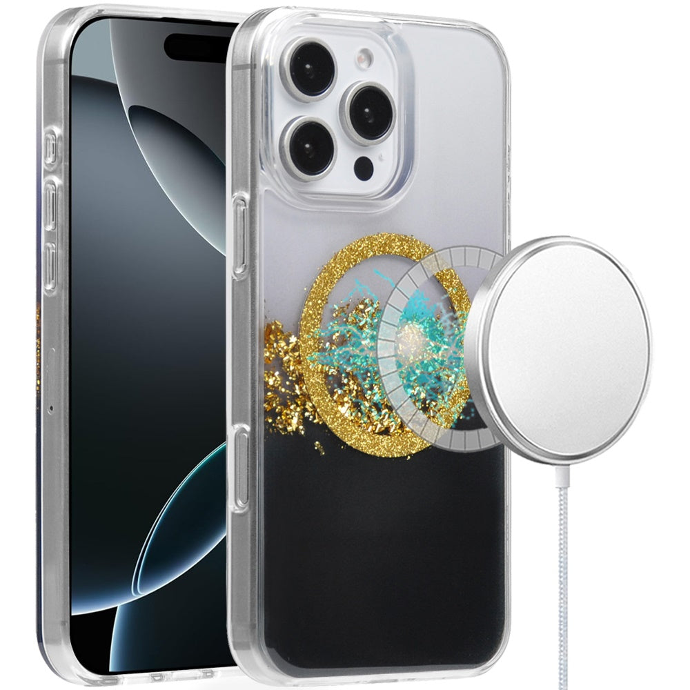 For Apple iPhone 16 Pro (6.3") Premium Transparent Epoxy Glitter Bling Magnetic Circle Compatible with MagSafe Hybrid Sparkle TPU Case Cover