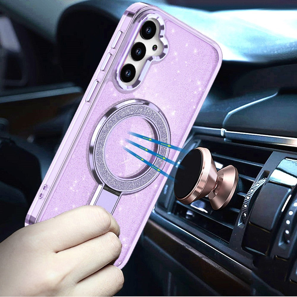 For Samsung Galaxy S25 FE /S25 Fan Edition Transparent Glitter Bling Case with Rotating Magnetic Ring Stand, Shockproof Hybrid Case Cover Clear