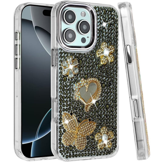Phone Case for iPhone 16 Pro Max Luxury Crystal Butterfly Floral Jeweled Heart Full Diamond Design, Sparkling Decorative Details, Elegant Style Cover Black