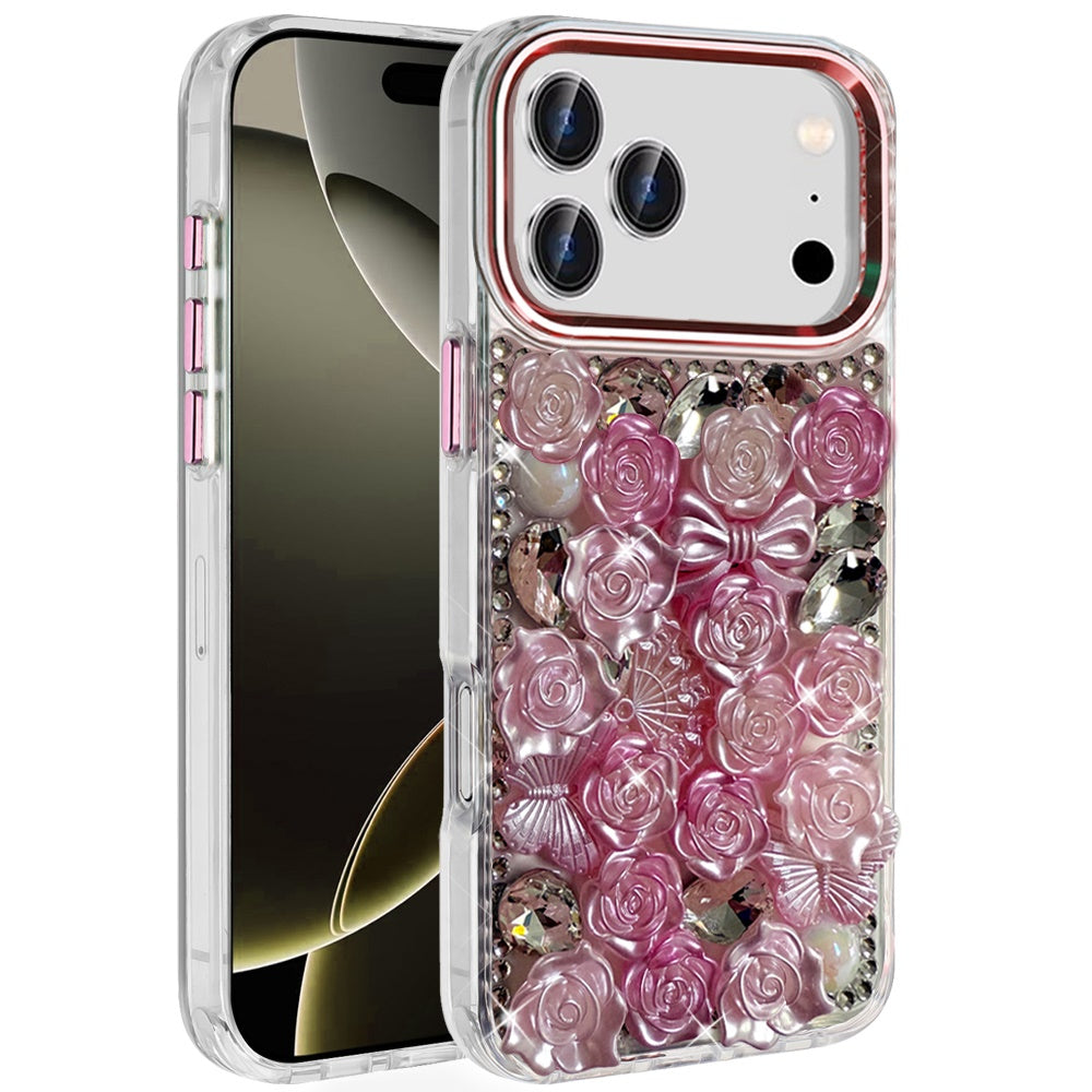 Phone Case for Apple iPhone 17 Pro 3D Flower Bling Rhinestone Glitter Cute Stylish Shockproof Protective Decorative Luxury Grip Stones Ornaments Cover Pink