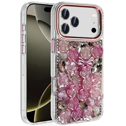 Phone Case for Apple iPhone 17 Pro 3D Flower Bling Rhinestone Glitter Cute Stylish Shockproof Protective Decorative Luxury Grip Stones Ornaments Cover Pink