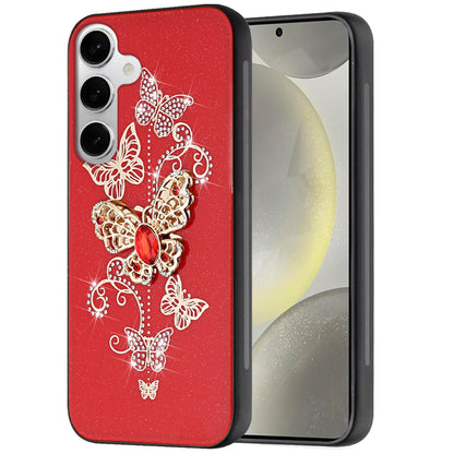 For Samsung Galaxy S22+ / S22 Plus Diamonds 3D Butterfly Bling Sparkly Glitter Ornaments Engraving Hybrid Metal Fashion Case Cover Red Garden Butterflies