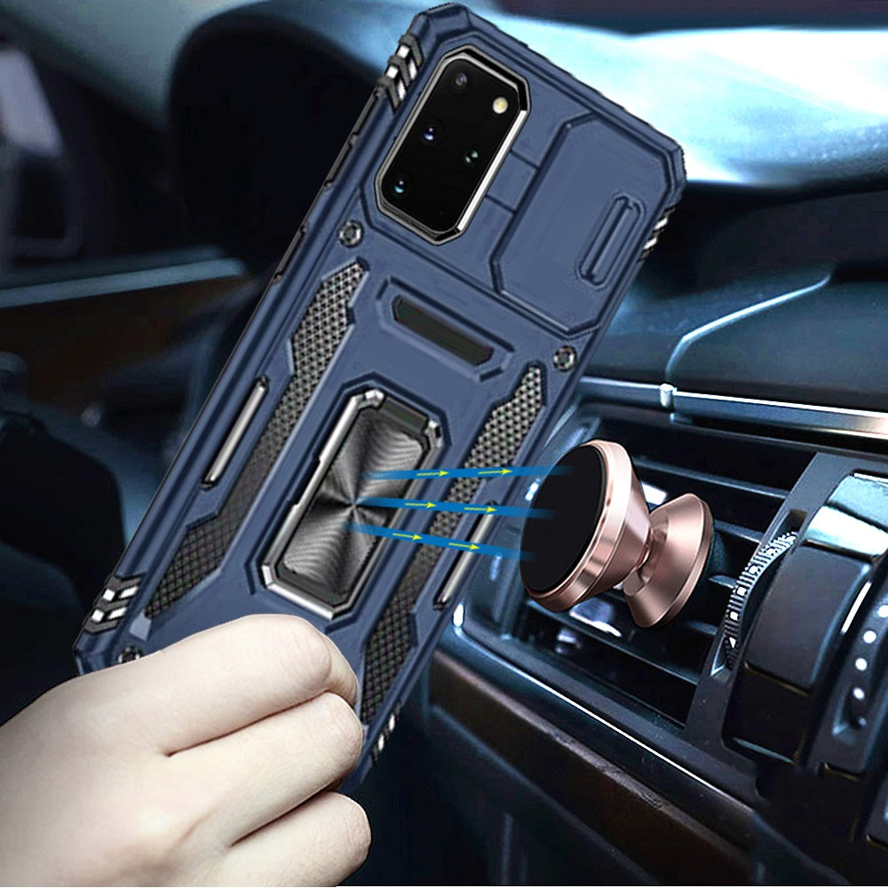 For Samsung Galaxy S20 Ultra Tough Hybrid Case with Movable Camera Window & Metal Ring Stand Shockproof Case Cover Blue