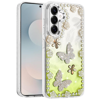 For Samsung Galaxy S26 Bling Fashion Design with 3D Pearls Epoxy Glitter Ornaments Chrome Edge Hard Slim PC Case Cover