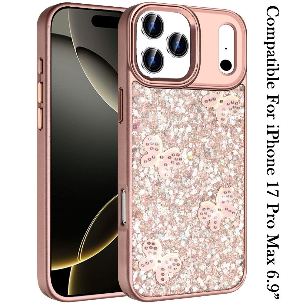 For Apple iPhone 17 Pro Max (6.9") Cute Butterfly Crystal Diamond Glitter Case Sparkle Bling Frame Metallic Edges, Shimmer TPU Hybrid Case Cover