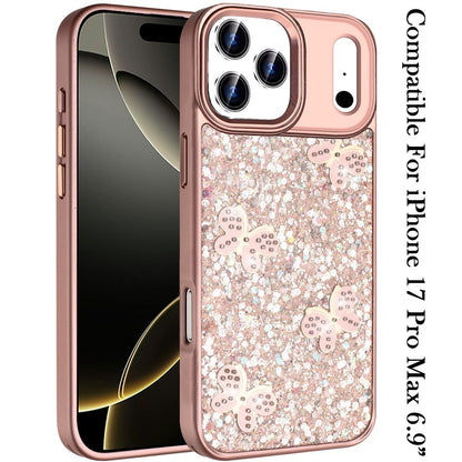 For Apple iPhone 17 Pro Max (6.9") Cute Butterfly Crystal Diamond Glitter Case Sparkle Bling Frame Metallic Edges, Shimmer TPU Hybrid Case Cover