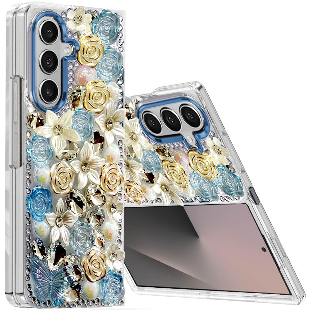 For Samsung Galaxy Z Fold 7 3D Diamond Floral Roses Flower Bling Stone Hybrid, Sparkly Rhinestone Gemstone Back Shockproof Case Cover