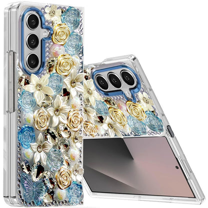 For Samsung Galaxy Z Fold 7 3D Diamond Floral Roses Flower Bling Stone Hybrid, Sparkly Rhinestone Gemstone Back Shockproof Case Cover