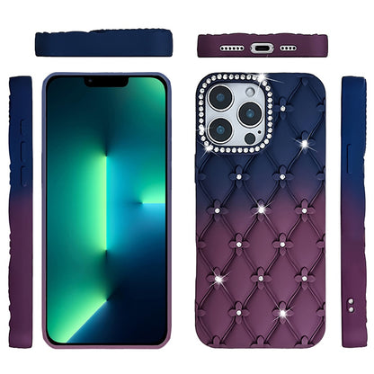 For Apple iPhone 13 Pro Fashion Flower Design Sparkle Glitter Shimmer Rhinestone Bling Floral Accents, Leather Texture TPU Case Cover Dark Blue/Burgundy