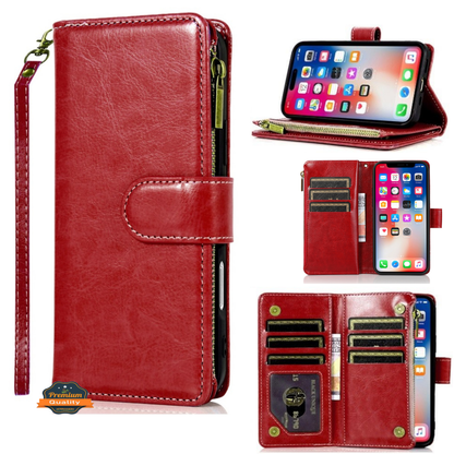 Phone Case for Samsung Galaxy S25 FE /S25 Fan Edition Luxury Leather Wallet Card Holder Zipper Pocket Money Storage Protective Grip Design with Strap Cover Red
