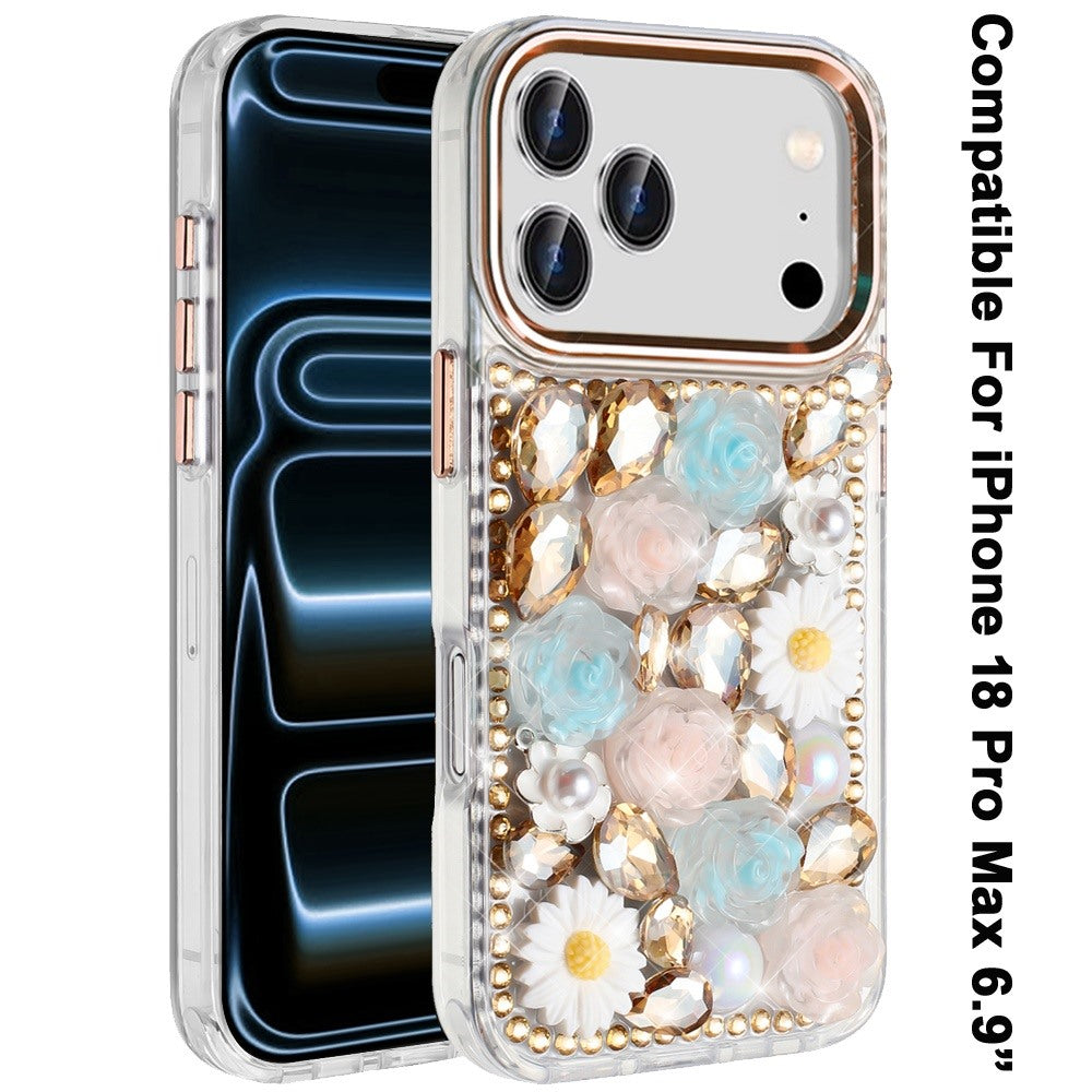 Phone Case for Apple iPhone 18 Pro Max Full Bling Rhinestone Glitter Floral Luxury Hybrid Shockproof Stylish Sparkling Protective Designer Ornament Cover