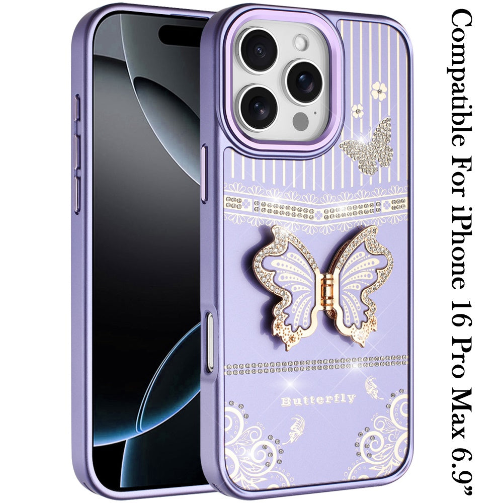 For iPhone 16 Pro Max (6.9") Glitter 3D Butterfly Design Bling Metallic Edge Hybrid Stand Drop Protection TPU Shockproof Protector