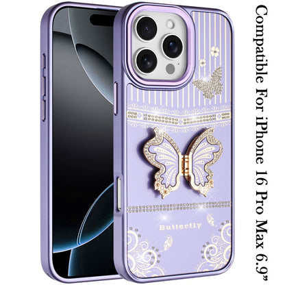 For iPhone 16 Pro Max (6.9") Glitter 3D Butterfly Design Bling Metallic Edge Hybrid Stand Drop Protection TPU Shockproof Protector