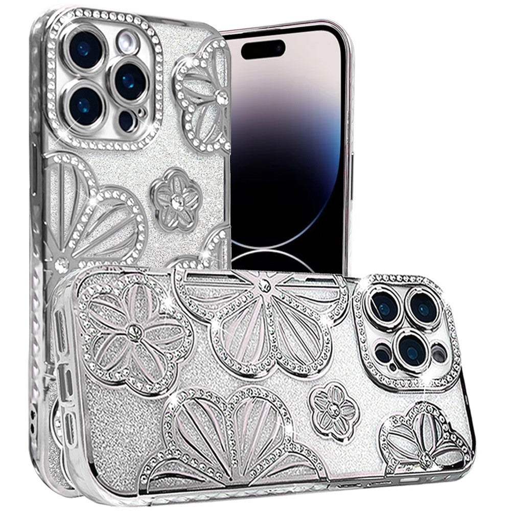 For Apple iPhone 15 Pro Max Luxury Floral Design Sparkle Glitter Diamond Crystal Rhinestone Shimmer Bling Plating Thick TPU Hard PC Case Cover