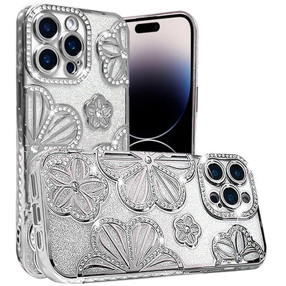For Apple iPhone 15 Pro Max Luxury Floral Design Sparkle Glitter Diamond Crystal Rhinestone Shimmer Bling Plating Thick TPU Hard PC Case Cover
