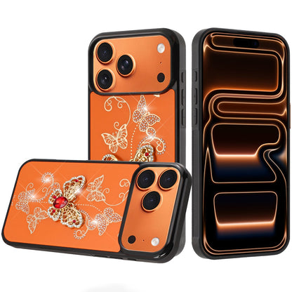 Phone Case for Apple iPhone 17 Pro Max (6.9") Diamond Glitter 3D Butterfly Engraved Luxury Bling Hybrid Shockproof Chrome Edge Protective Durable Grip Cover Garden Butterflies Cosmic Orange