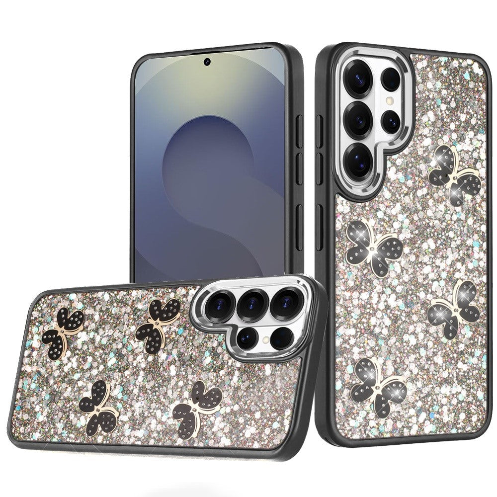 For Samsung Galaxy S26 Ultra Cute Butterfly Crystal Diamond Glitter Case Sparkle Bling Frame Metallic Edges, Shimmer TPU Hybrid Case Cover