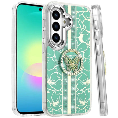 Phone Case for Samsung Galaxy A27 5G Floral Butterfly Ring Stand Glitter Bling Shockproof Hybrid Luxury Fashion Protective Anti Slip Durable Grip Cover