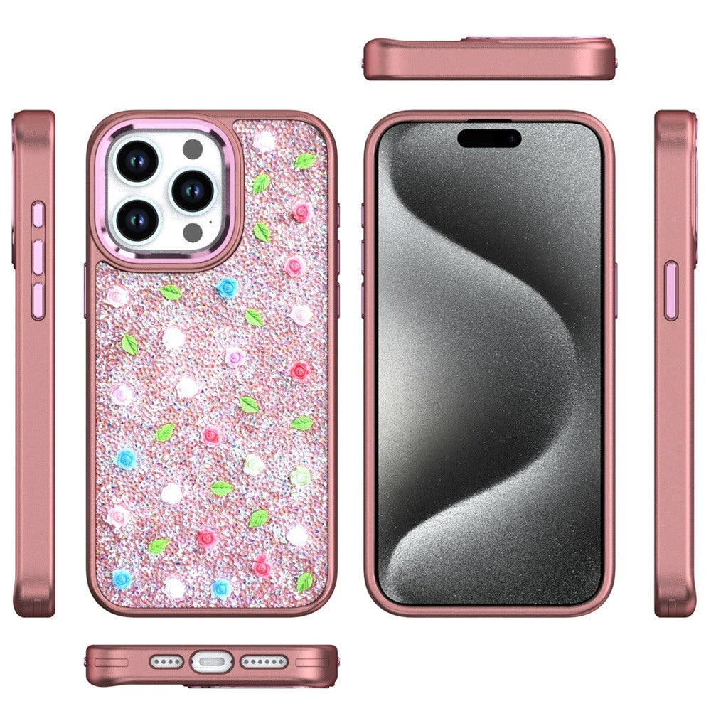 For Apple iPhone 15 Pro Max Floral Design Embedded Glass Diamond Fancy Fashion Glitter Bling Sparkly Hybrid Rugged TPU Bumper Case Cover