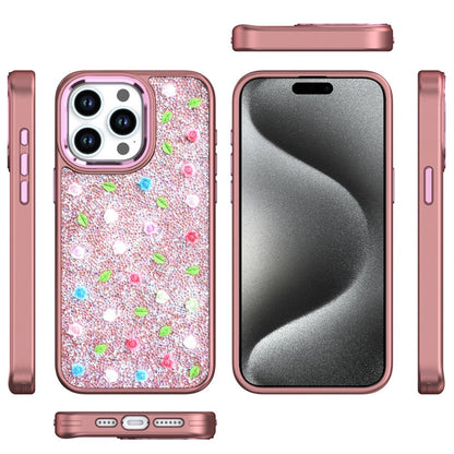 For Apple iPhone 15 Pro Max Floral Design Embedded Glass Diamond Fancy Fashion Glitter Bling Sparkly Hybrid Rugged TPU Bumper Case Cover