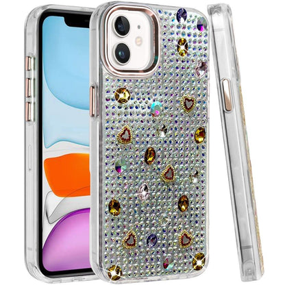 Phone Case for Apple iPhone 11 Chrome Fashion Hybrid Bling Diamond Heart Rhinestone Decorative Stones Sparkling Embellished Design Cover