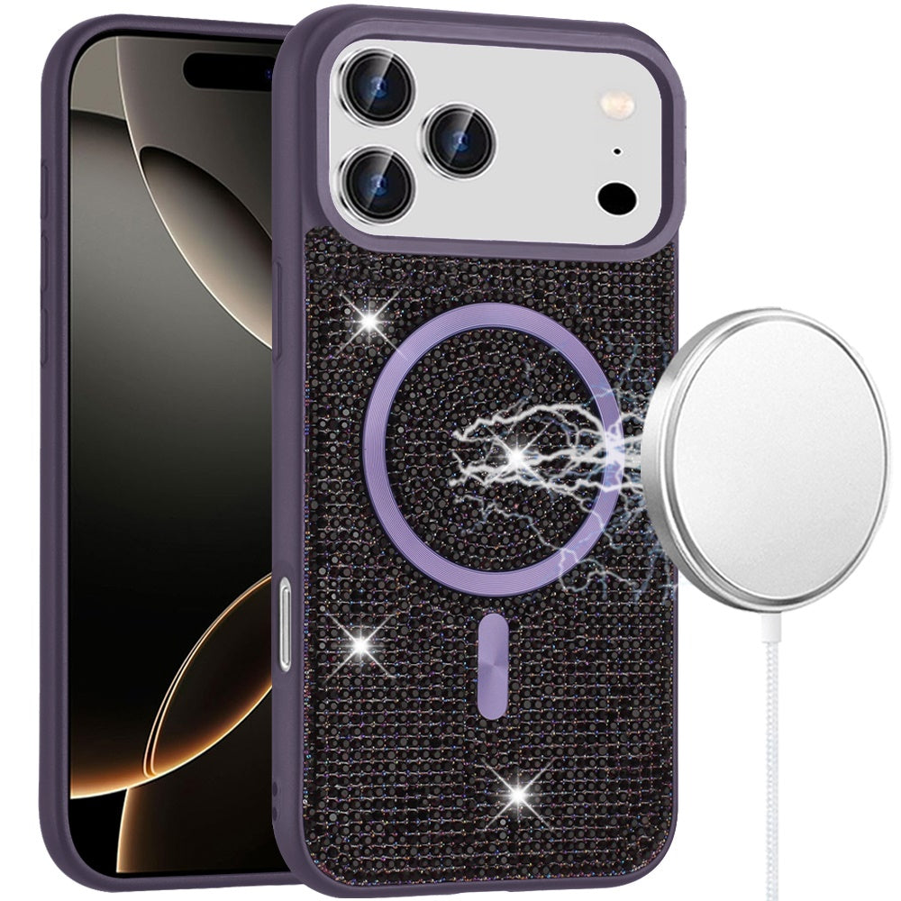 For Apple iPhone 17 Pro Max (6.9") Sparkly Diamond Bling Case Rhinestone Skin Hybrid with Magnetic Circle, MagSafe Compatible Case Cover Purple