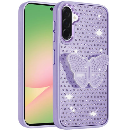For Samsung Galaxy A37 Butterfly Moveable Grip 3D Pop Stand Full Diamond Bling Sparkling TPU Fashion Hybrid Case Cover