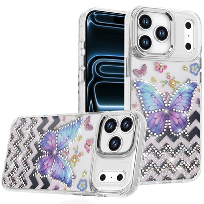 For Apple iPhone 17E /16E Butterfly Resin Epoxy Diamond Design Metal Edged Hybrid Shockproof Heavy Duty Drop Protection Case Cover