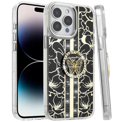 For Samsung Galaxy S26 Ultra Diamonds 3D Butterfly Floral Design Bling Sparkly Glitter Hybrid Metal Fashion with Ring Stand Case Cover