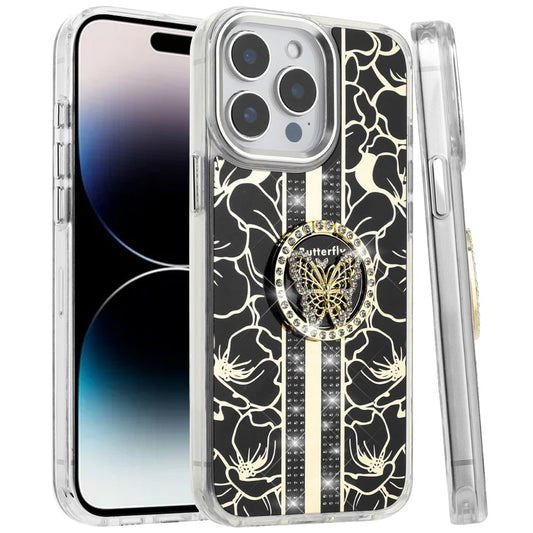 Phone Case for Apple iPhone 14 Pro Max Floral Butterfly Ring Stand Glitter Bling Shockproof Hybrid Luxury Fashion Protective Anti Slip Durable Grip Cover
