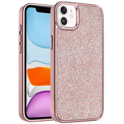 For Apple iPhone 11 Crystal Sparkle Diamond Glass Full Mini Glitter Bling Frame TPU Hybrid Protective Case Cover Dark Purple