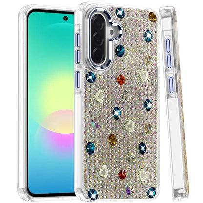 Phone Case for Samsung Galaxy A27 Chrome Fashion Hybrid Bling Diamond Heart Rhinestone Decorative Stones Sparkling Embellished Design Cover
