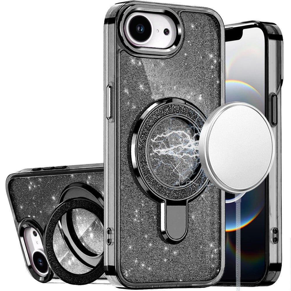 For Apple iPhone 17E /16E Transparent Glitter Bling Case with Rotating Magnetic Ring Stand, Shockproof Hybrid Case Cover