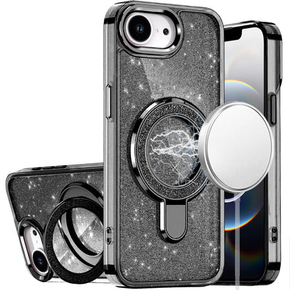 For Apple iPhone 17E /16E Transparent Glitter Bling Case with Rotating Magnetic Ring Stand, Shockproof Hybrid Case Cover