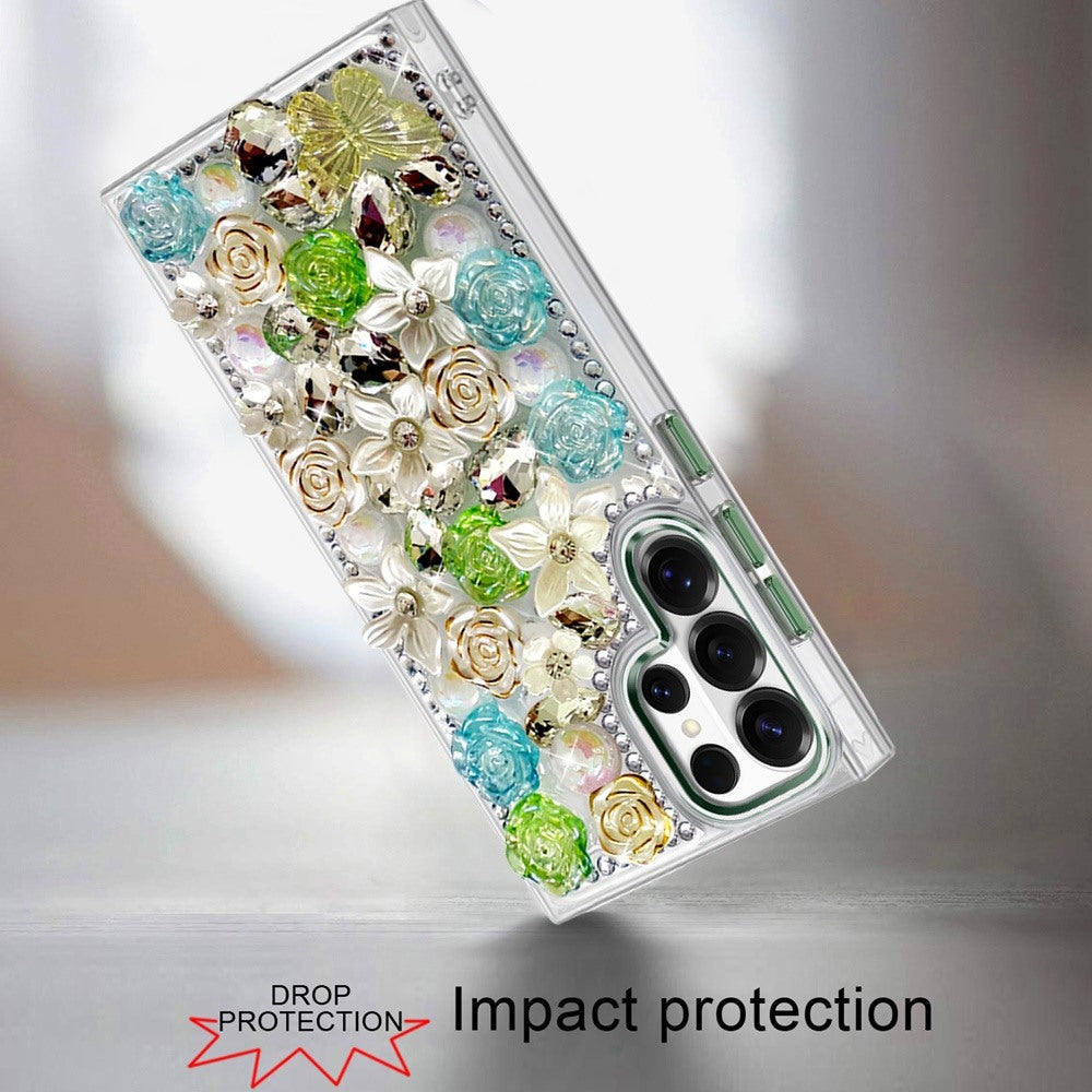 Phone Case for Samsung Galaxy S24 Ultra Luxury Rose Bling Rhinestone Glitter Floral Hybrid Shockproof Stylish Protective Designer Ornament Sparkle Cover