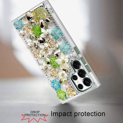Phone Case for Samsung Galaxy S24 Ultra Luxury Rose Bling Rhinestone Glitter Floral Hybrid Shockproof Stylish Protective Designer Ornament Sparkle Cover