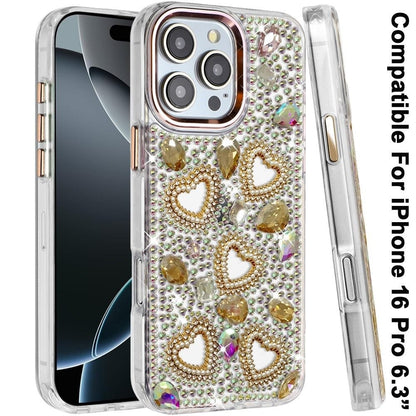 Phone Case for Apple iPhone 16 Pro Luxury Crystal Heart Rhinestone Diamond Bling Shockproof Hybrid Glitter Protective Stylish Durable Grip Cover