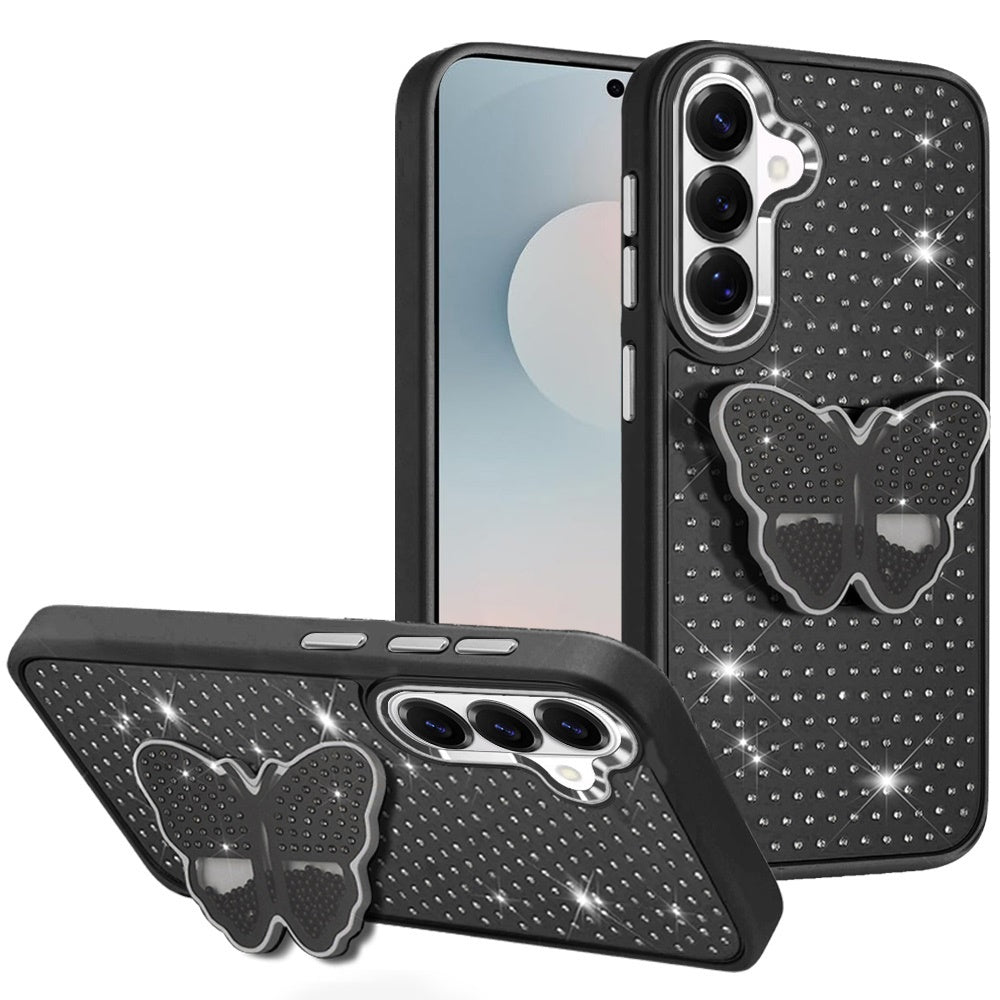 For Samsung Galaxy S26 Butterfly Moveable Grip 3D Pop Stand Full Diamond Bling Sparkling TPU Fashion Hybrid Case Cover