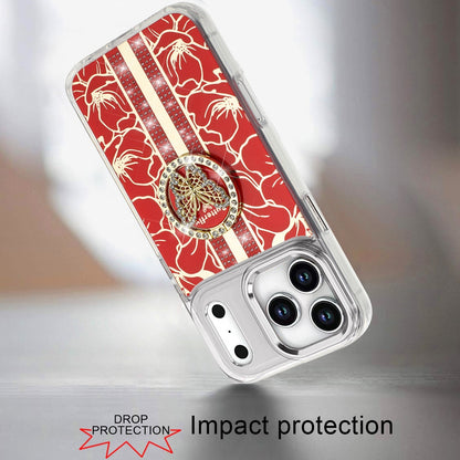 For Apple iPhone 17 Pro (6.3") Diamonds 3D Butterfly Floral Design Bling Sparkly Glitter Hybrid Metal Fashion with Ring Stand Case Cover
