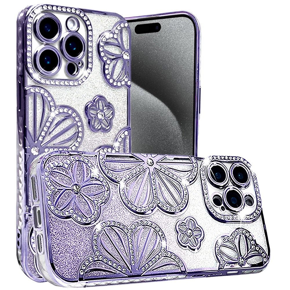 For Apple iPhone 15 Pro Max Luxury Flower Design Sparkle Glitter Diamond Rhinestone Shimmer Bling Plating Thick TPU Hard PC Case Cover