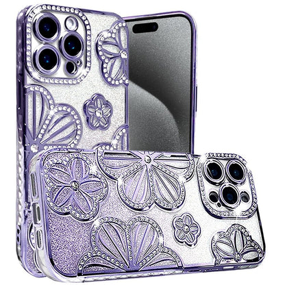 For Apple iPhone 15 Pro Max Luxury Flower Design Sparkle Glitter Diamond Rhinestone Shimmer Bling Plating Thick TPU Hard PC Case Cover