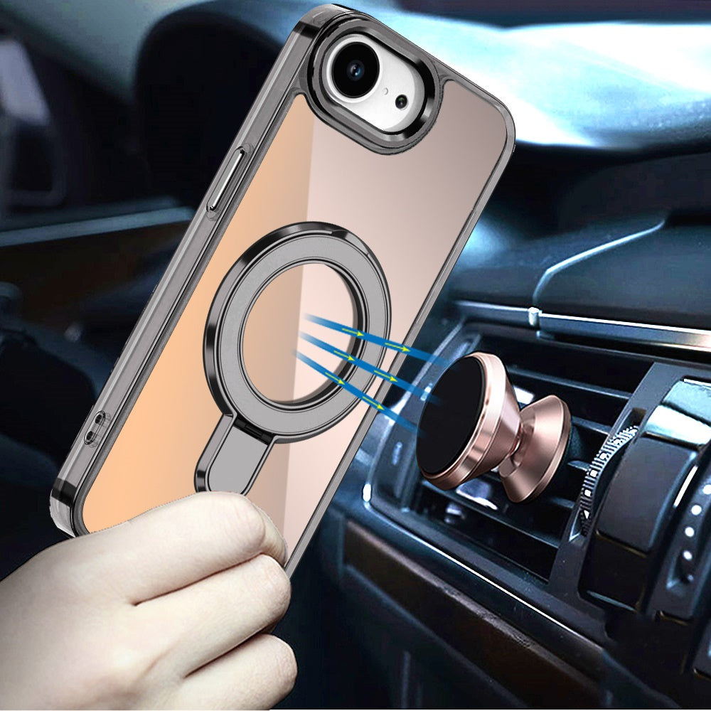 For Apple iPhone 17E /16E Chrome Hybrid with Rotating Magnetic Circle Ring Stand, Slim Shockproof Hybrid Case Cover