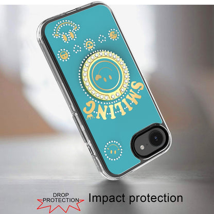 For Apple iPhone 17E /16E Smiling Glitter Bling Ornament Hybrid Shockproof Stylish Sparkle Design Secure Grip Durable Protection Case Cover Blue