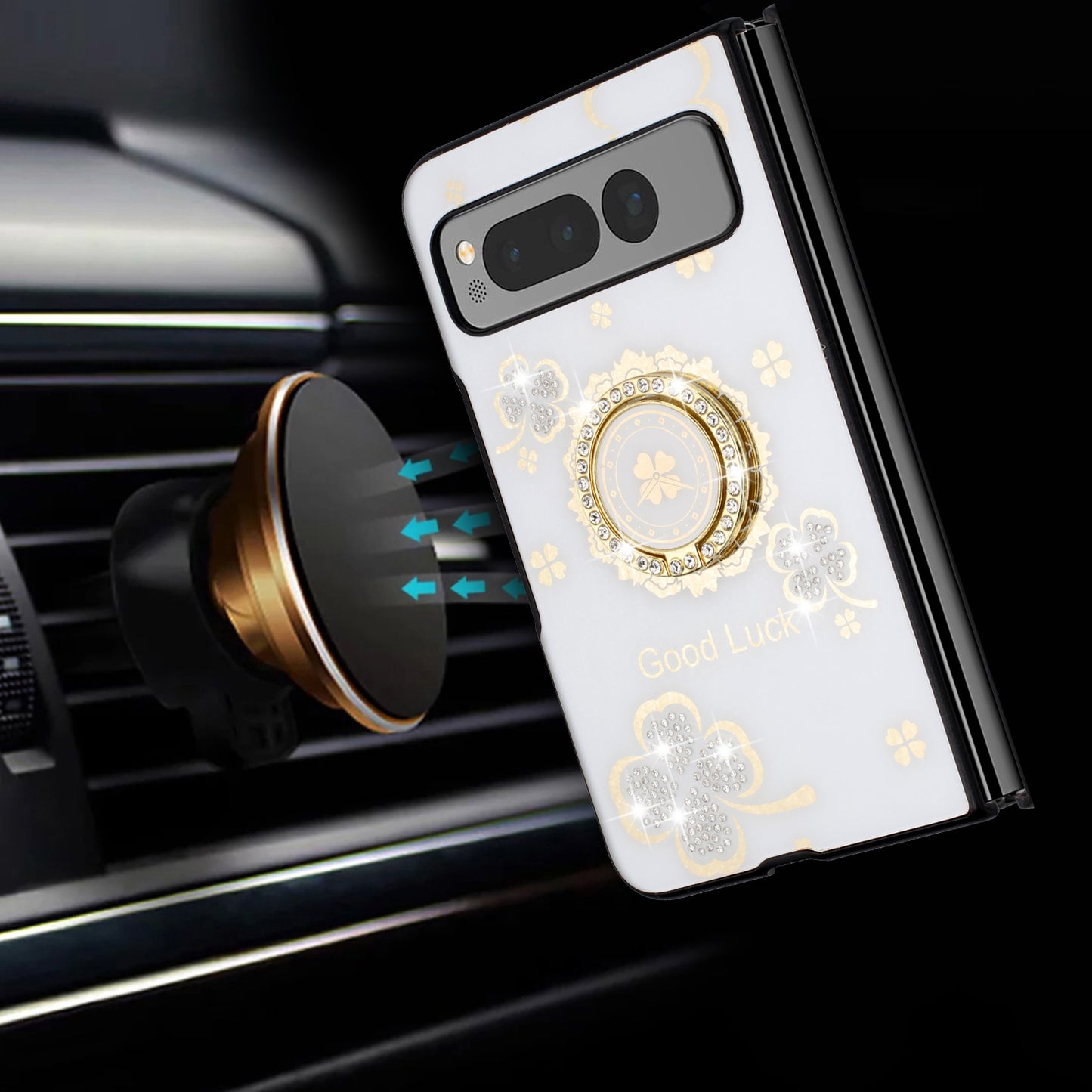For Samsung Galaxy Z Flip 7 FE Diamonds 3D Fashion Floral Bling Sparkly Glitter Ornaments Engraving Hybrid with Ring Stand Case Cover White Good Luck Floral