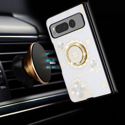 For Samsung Galaxy Z Flip 7 FE Diamonds 3D Fashion Floral Bling Sparkly Glitter Ornaments Engraving Hybrid with Ring Stand Case Cover White Good Luck Floral